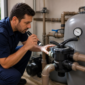 Técnico verificando filtro, manômetro e registros da piscina