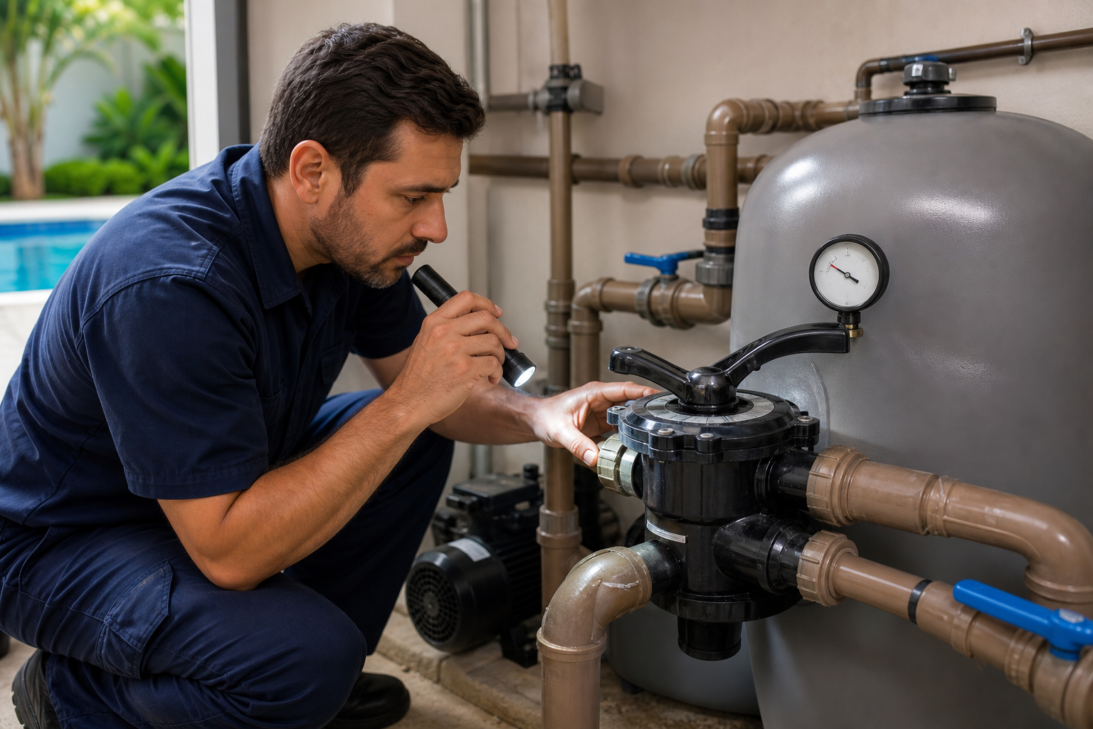 Técnico verificando filtro, manômetro e registros da piscina