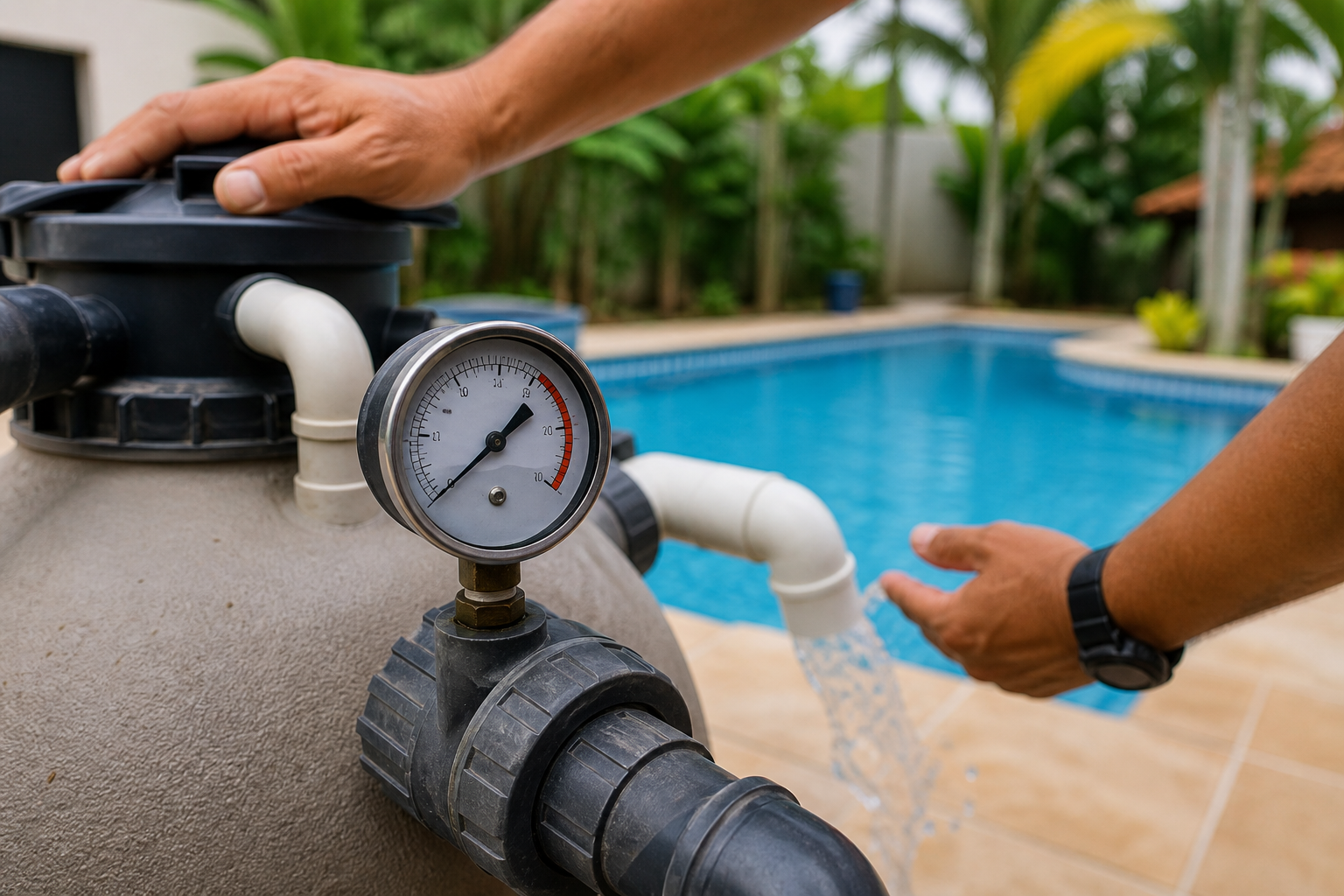 Manômetro e filtro de piscina com técnico conferindo a circulação