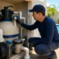Técnico inspecionando filtro de areia bomba manômetro válvulas e tubulação de piscina residencial