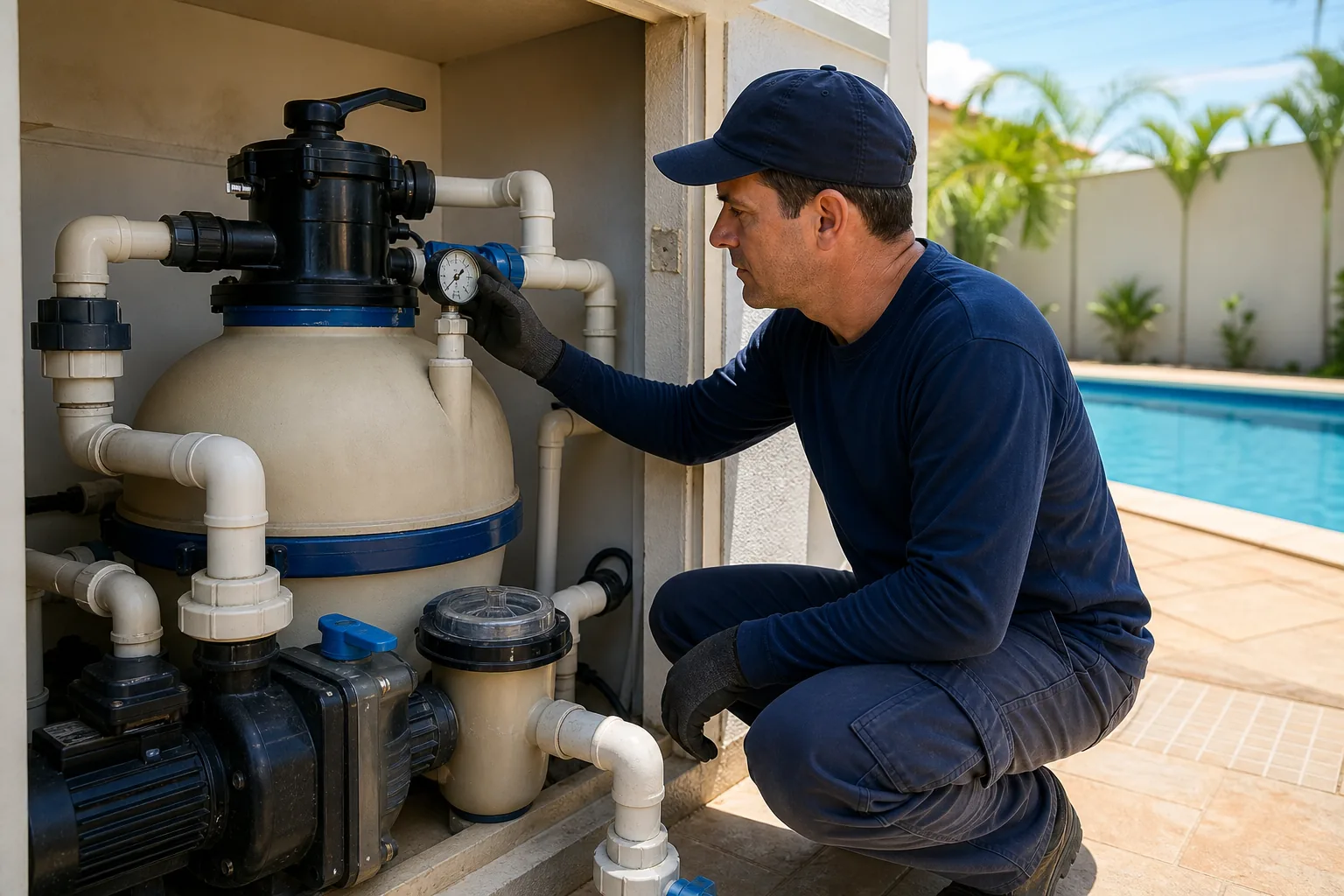 Técnico inspecionando filtro de areia bomba manômetro válvulas e tubulação de piscina residencial