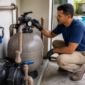 Técnico conferindo filtro de areia, bomba, manômetro e tubulações de piscina em casa de máquinas