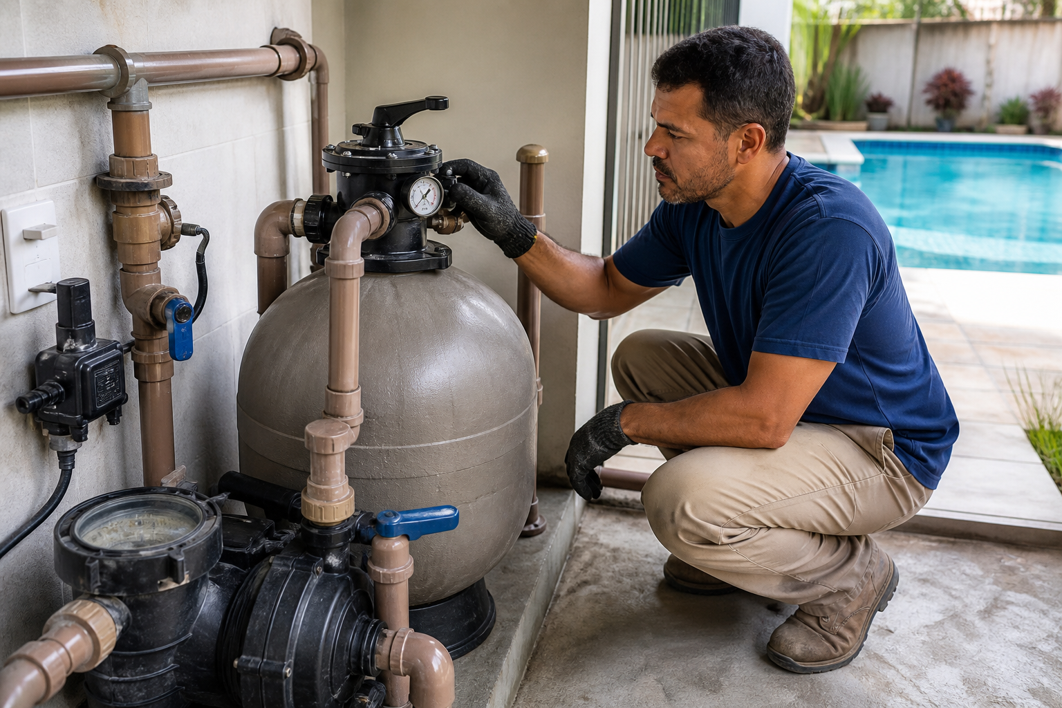Técnico conferindo filtro de areia, bomba, manômetro e tubulações de piscina em casa de máquinas