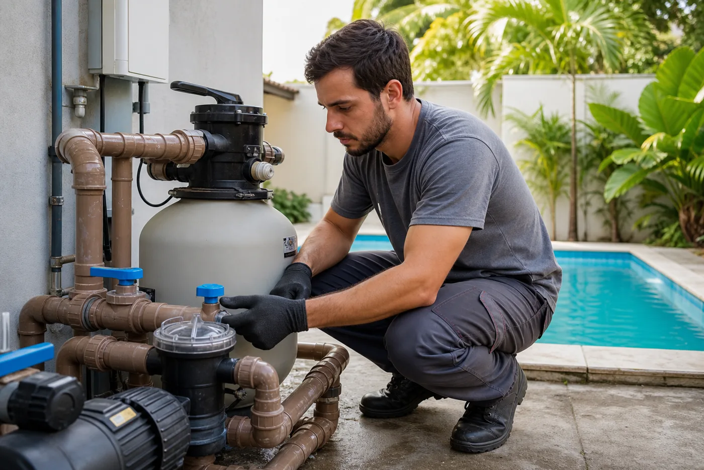 Técnico inspecionando conexões hidráulicas e retorno de piscina residencial