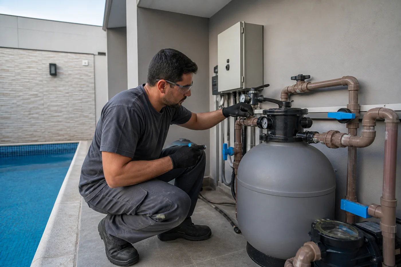 Técnico inspecionando conexões hidráulicas e retorno de piscina residencial