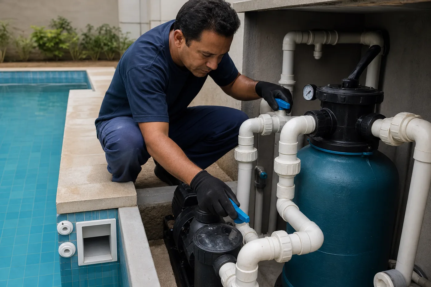 Técnico verificando bomba filtro registros e tubulação hidráulica ao lado de piscina residencial