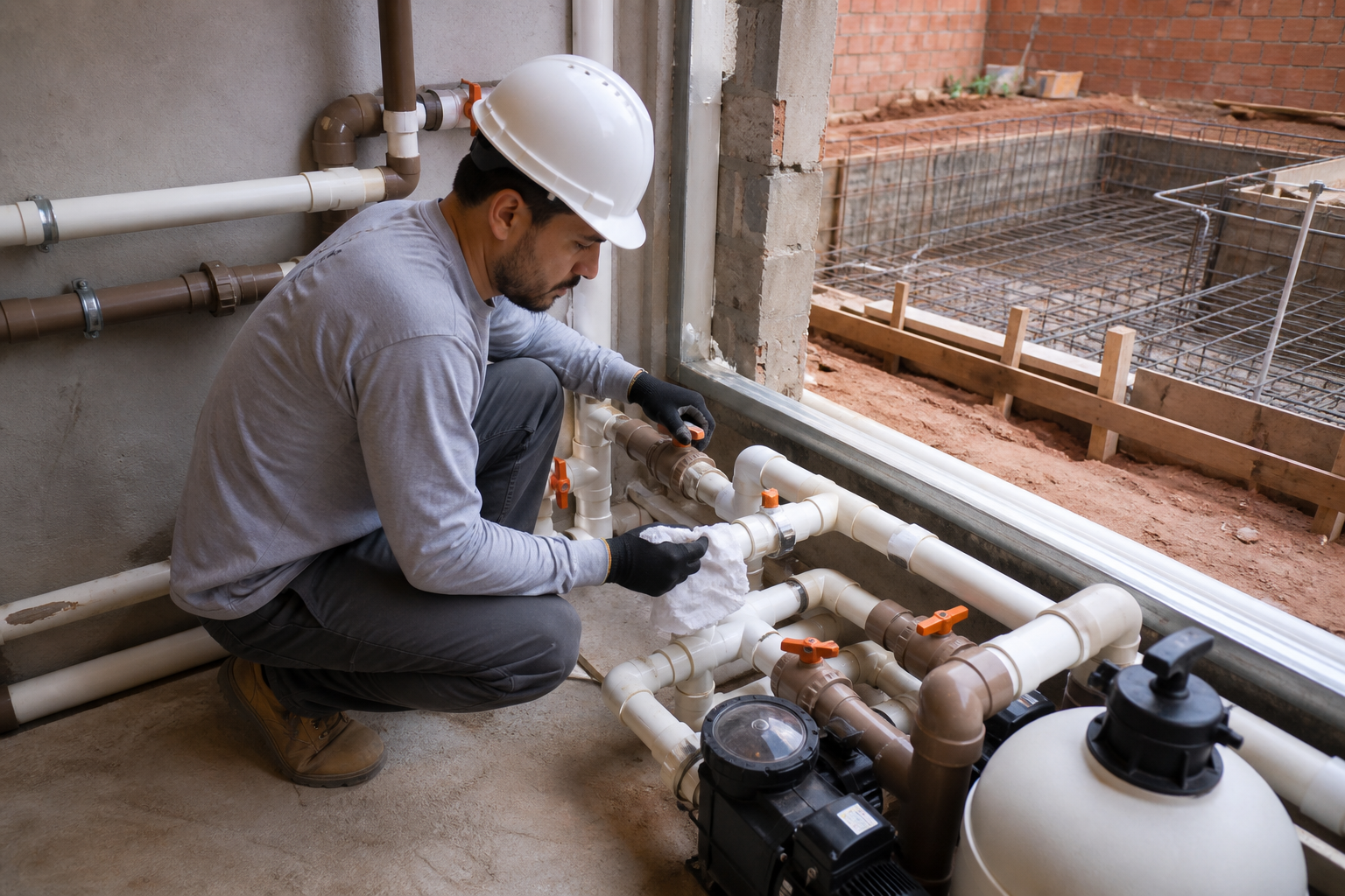 Técnico inspecionando conexões de PVC e possíveis vazamentos na hidráulica da piscina antes da concretagem.