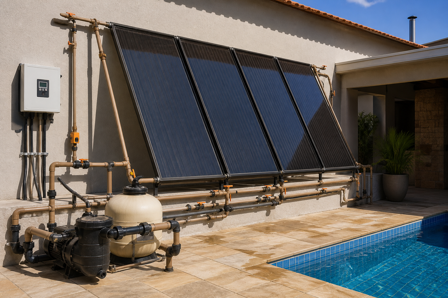 Detalhe de coletores solares, válvulas, tubulações e controle hidráulico para aquecer piscina