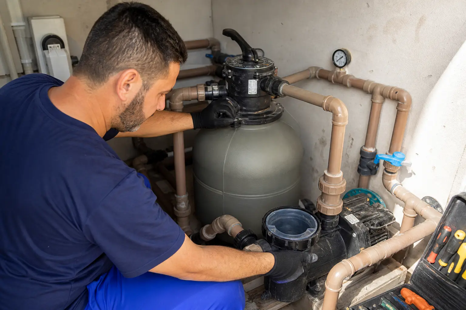 Técnico ajustando pré-filtro da bomba registros válvulas e tubulações em casa de máquinas de piscina