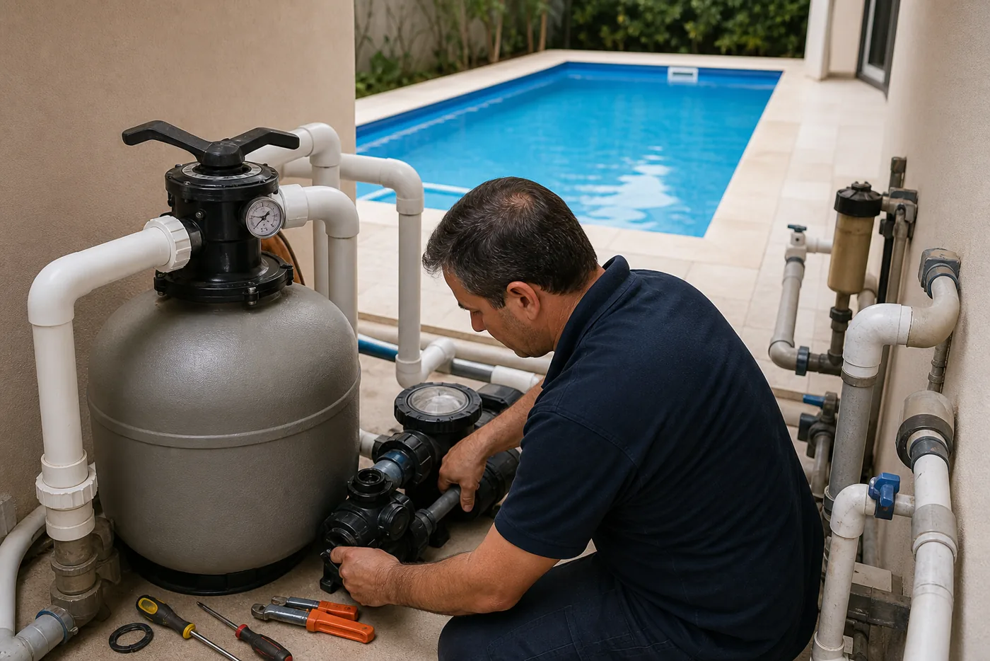 Técnico instalando bomba e filtro de areia com tubulação conectada a piscina residencial azul