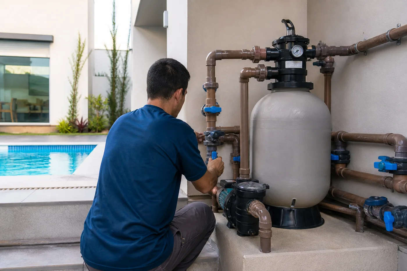 Profissional ajustando filtro, bomba e conexões hidráulicas de piscina residencial