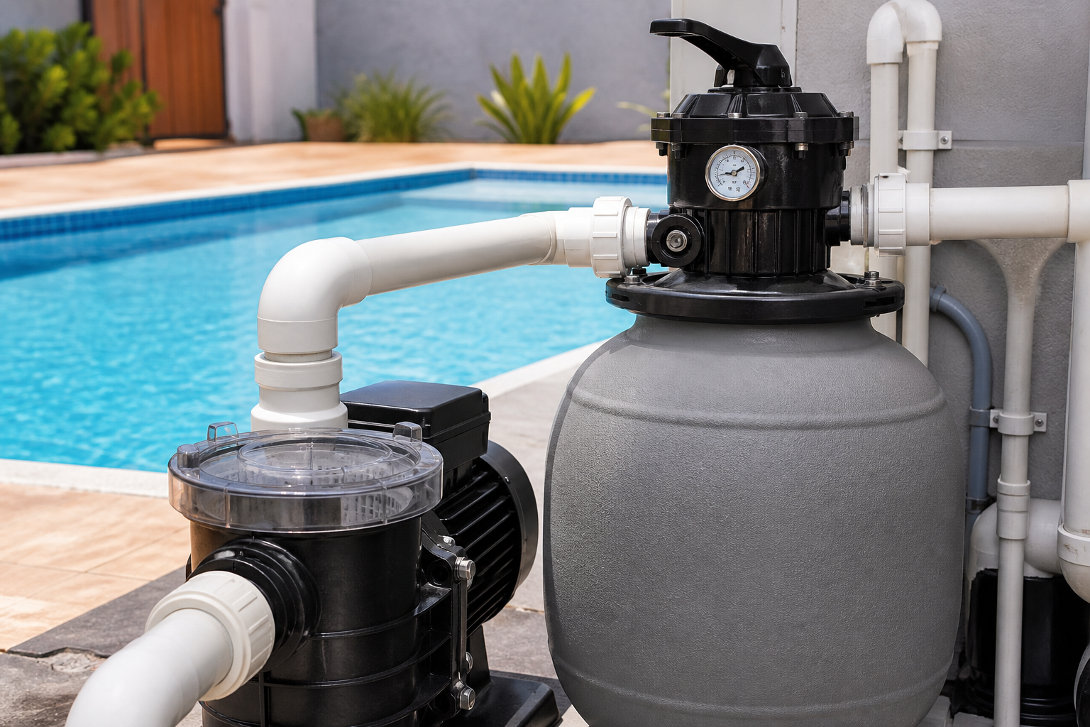 Conjunto de filtro de areia, bomba, válvula seletora, manômetro e tubulação de PVC instalado ao lado de uma piscina