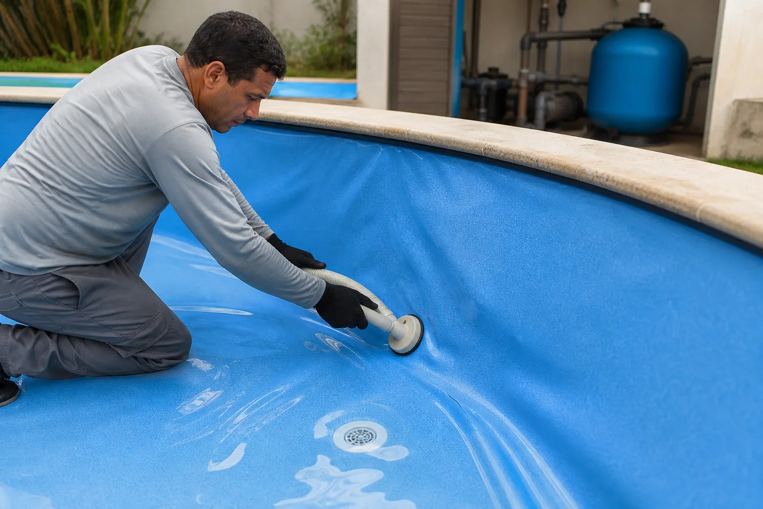 Técnico ajustando revestimento vinílico azul com equipamento de aspiração em piscina com filtro ao fundo