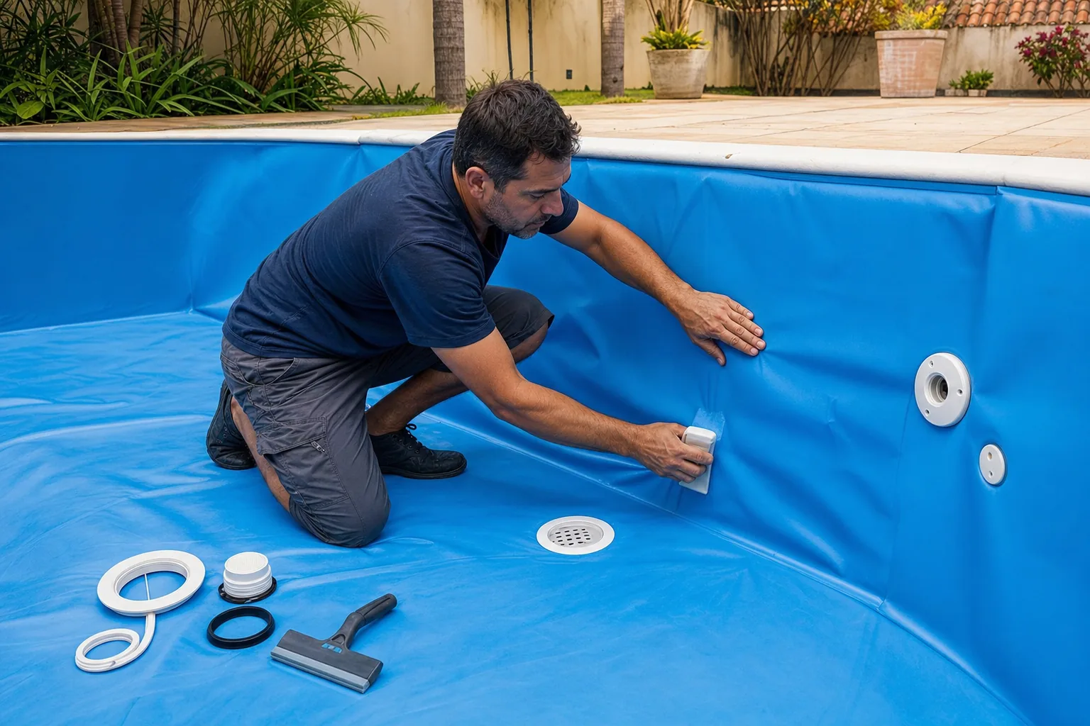 Técnico alisando vinil azul novo em piscina residencial durante instalação do revestimento