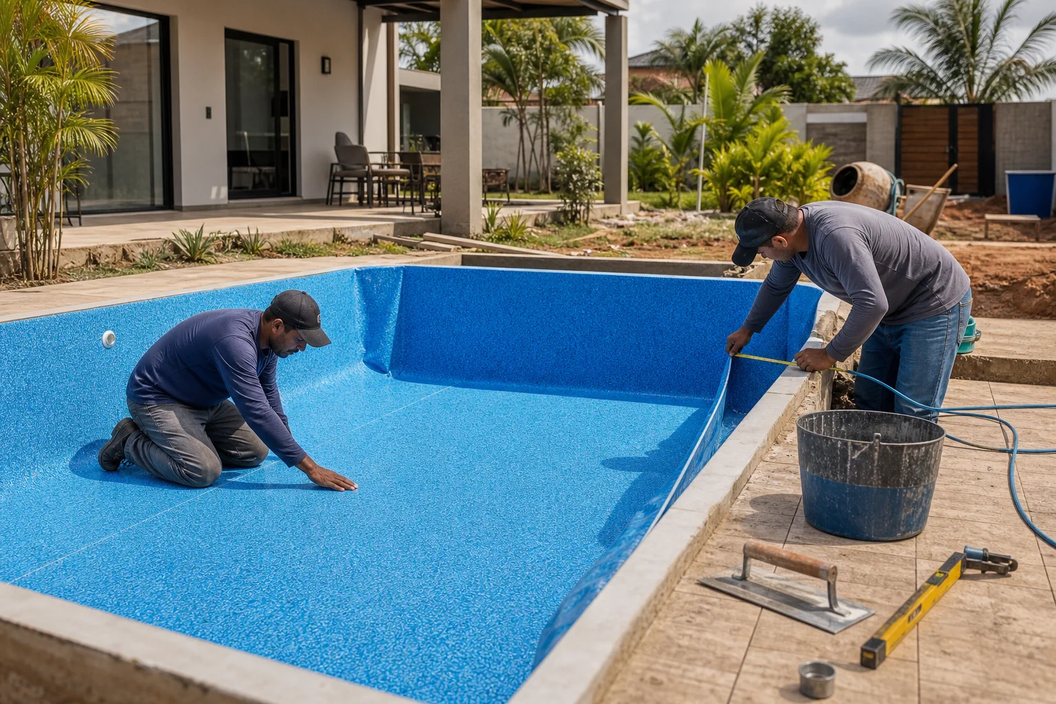 Equipe técnica ajustando manta de vinil azul dentro de piscina residencial