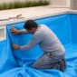 Técnico ajustando uma nova manta de vinil azul dentro de uma piscina residencial no Jardim Imperial