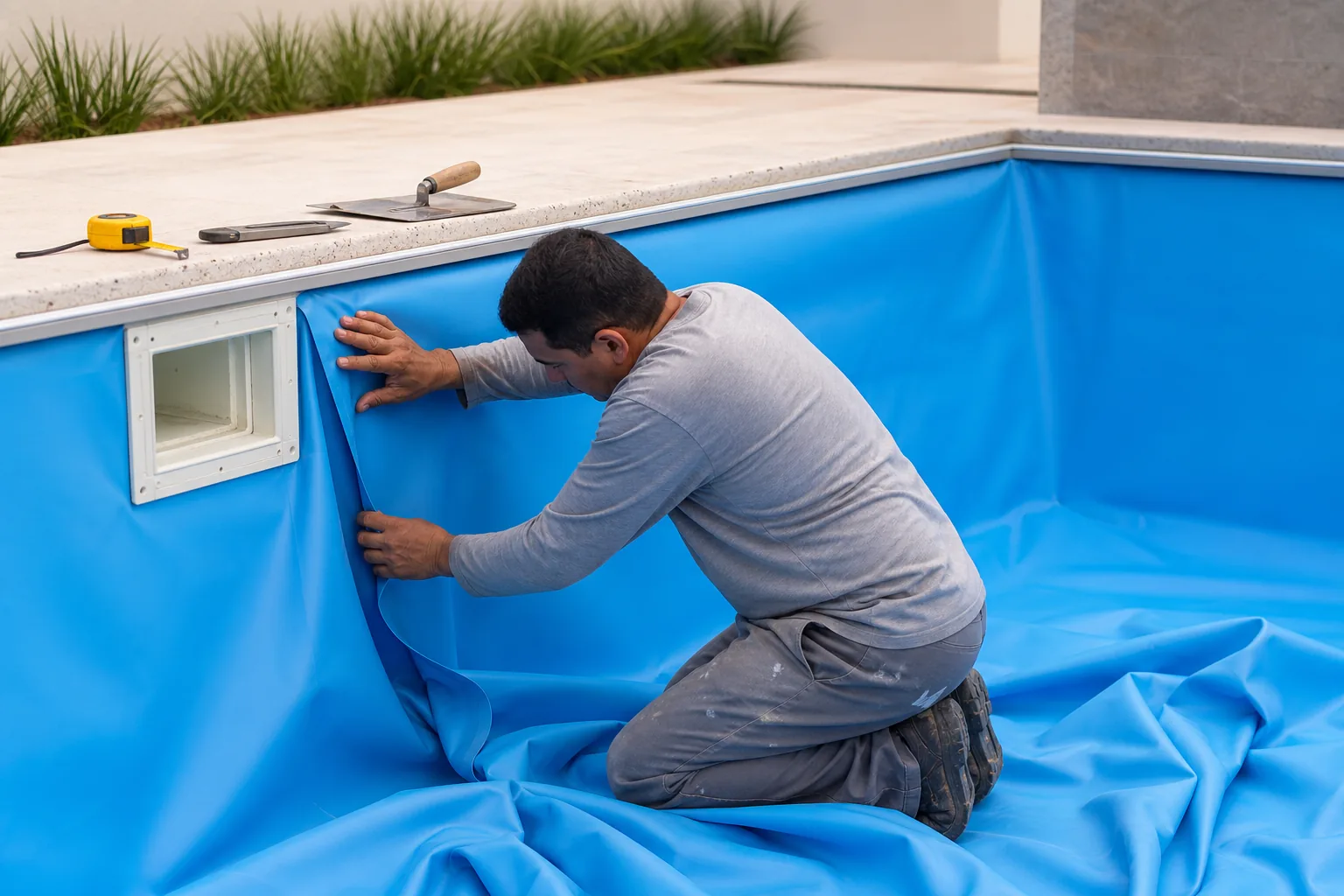 Técnico ajustando uma nova manta de vinil azul dentro de uma piscina residencial no Jardim Imperial