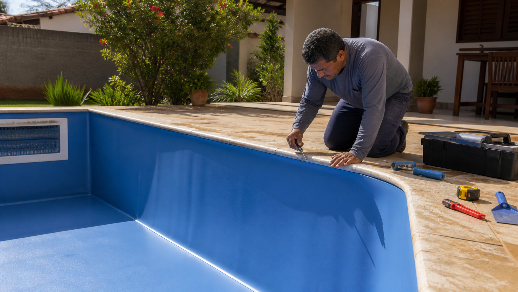 Profissional conferindo o encaixe e o acabamento do novo vinil em uma piscina residencial