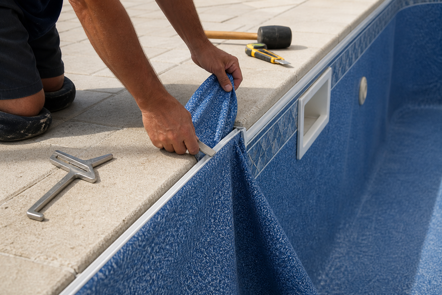 Instalador ajustando revestimento de vinil azul no encaixe superior da piscina, próximo ao skimmer