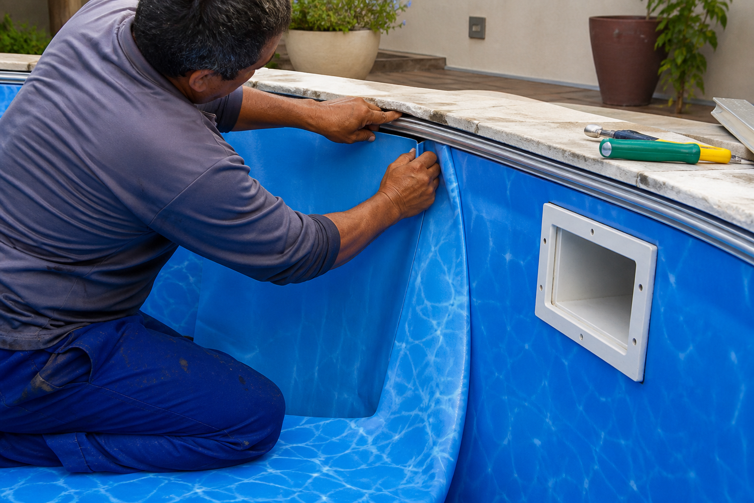 Instalador ajustando revestimento de vinil azul no encaixe superior da piscina, próximo ao skimmer