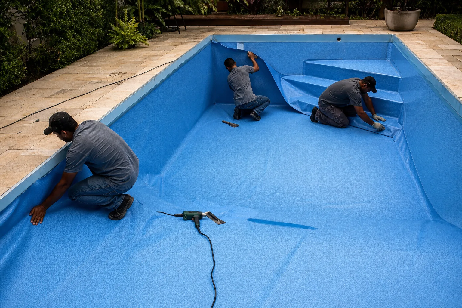 Equipe técnica ajustando uma nova manta de vinil azul dentro de uma piscina residencial