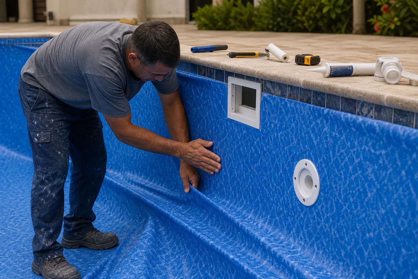 Técnico alisando vinil de piscina próximo ao skimmer e retorno durante instalação