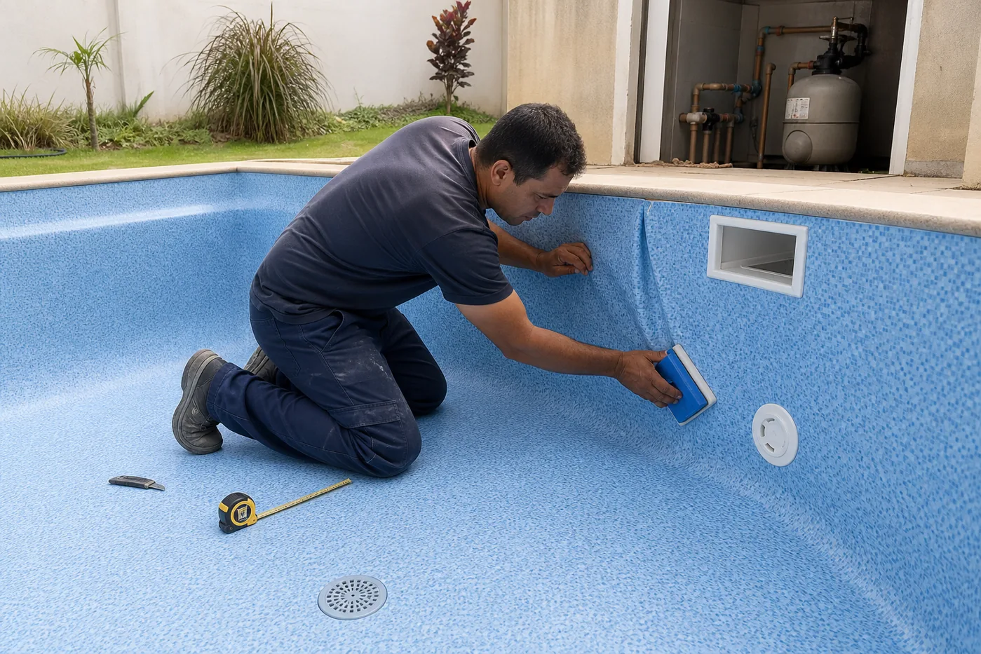 Técnico alisando vinil novo em piscina e conferindo retorno ralo skimmer filtro e casa de máquinas
