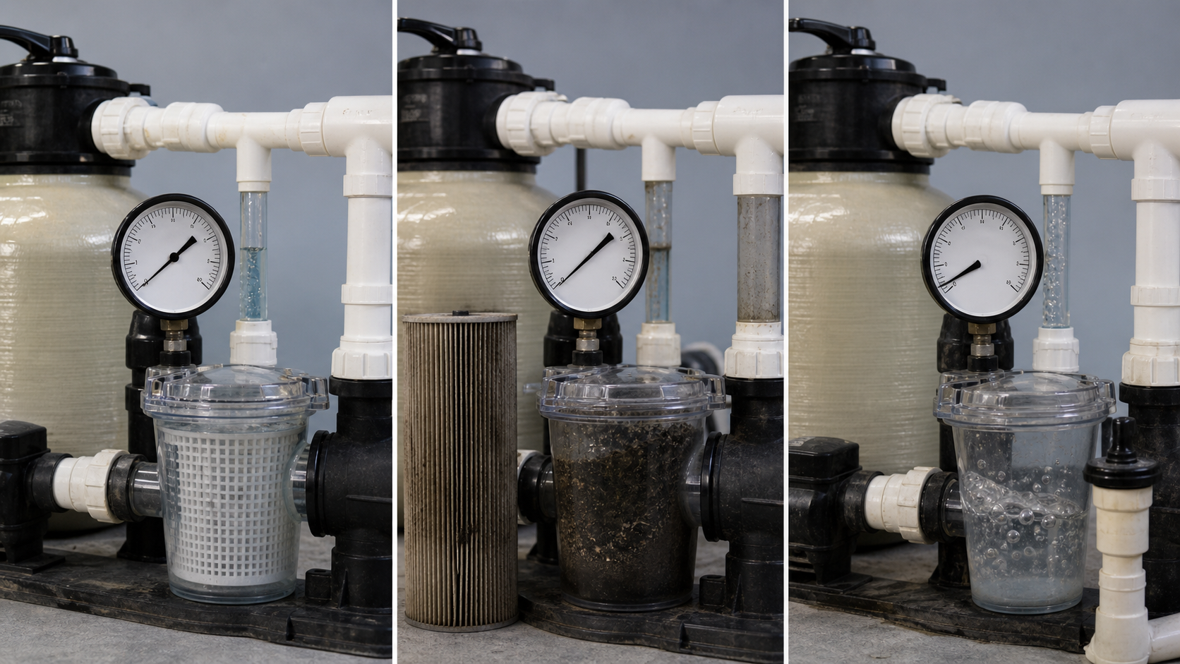 Comparação visual de leituras do manômetro do filtro em condições normal, alta e baixa