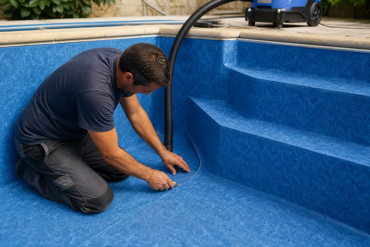 Técnico ajustando e conferindo acabamento da manta vinílica azul no fundo e escada da piscina
