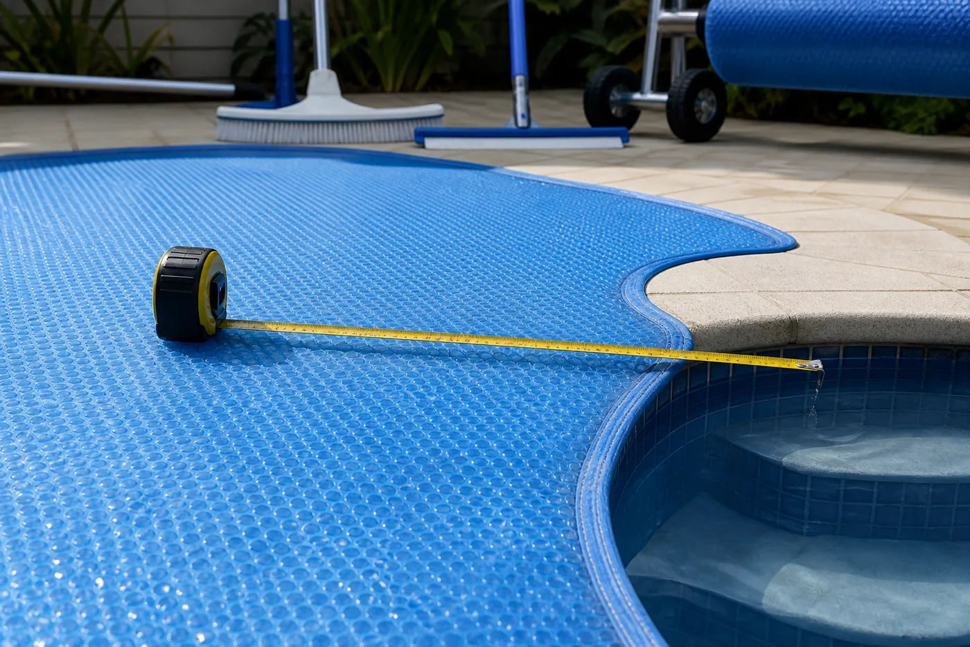 Trena medindo capa térmica azul recortada na borda de piscina com escada