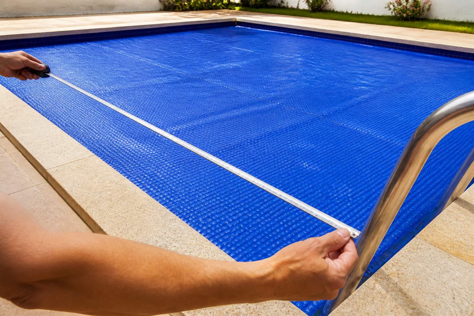 Mãos protegidas medindo com trena a borda curva de uma capa térmica azul de bolhas sobre a piscina