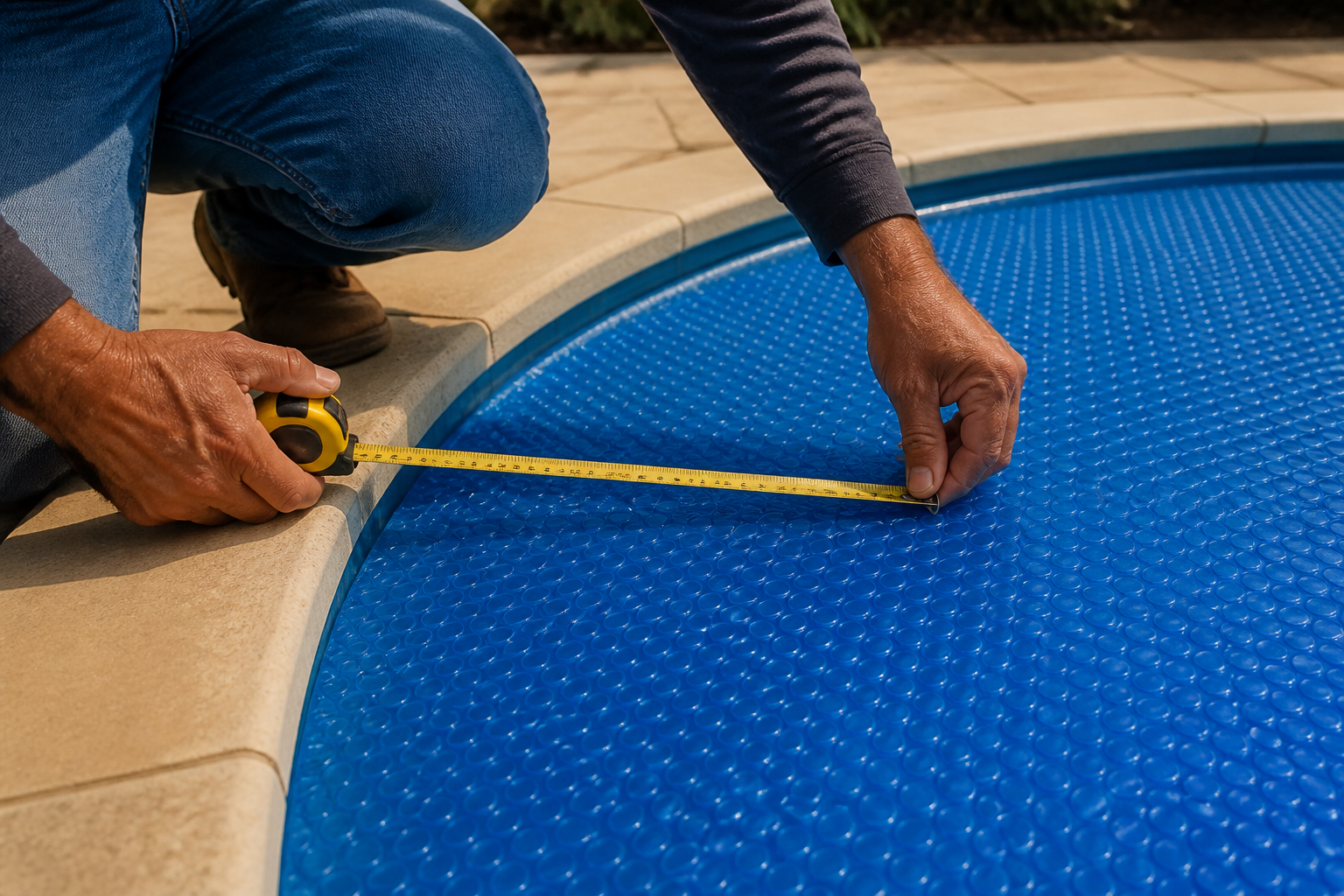 Mãos protegidas medindo com trena a borda curva de uma capa térmica azul de bolhas sobre a piscina