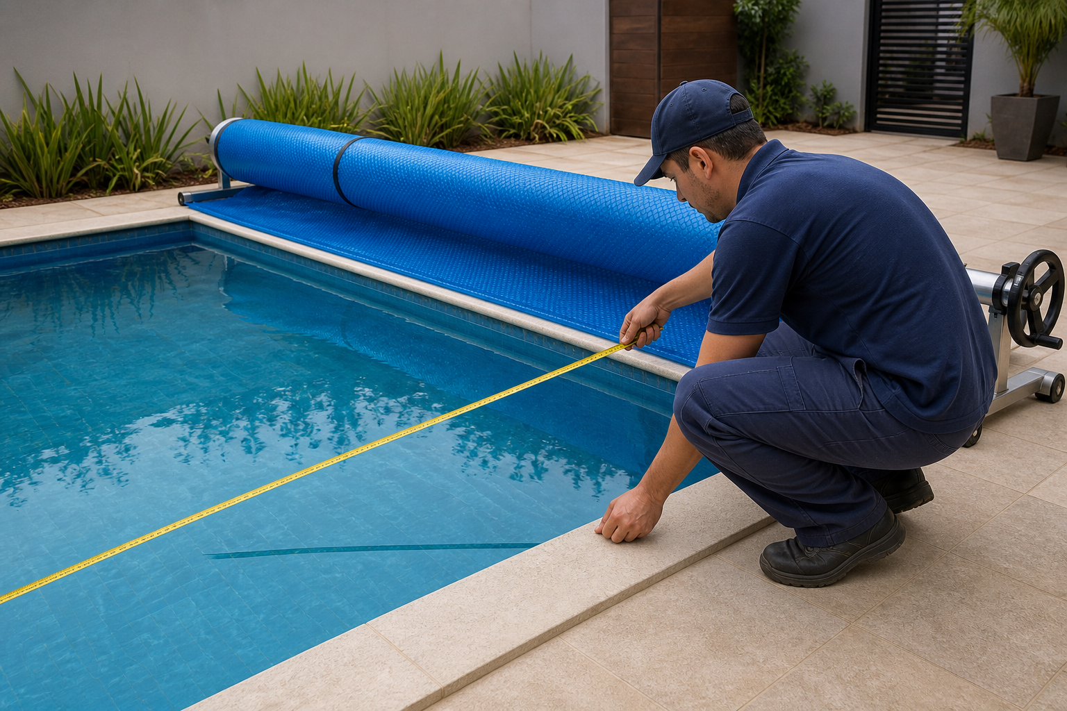 Profissional medindo piscina com trena enquanto a capa térmica está enrolada no dispositivo