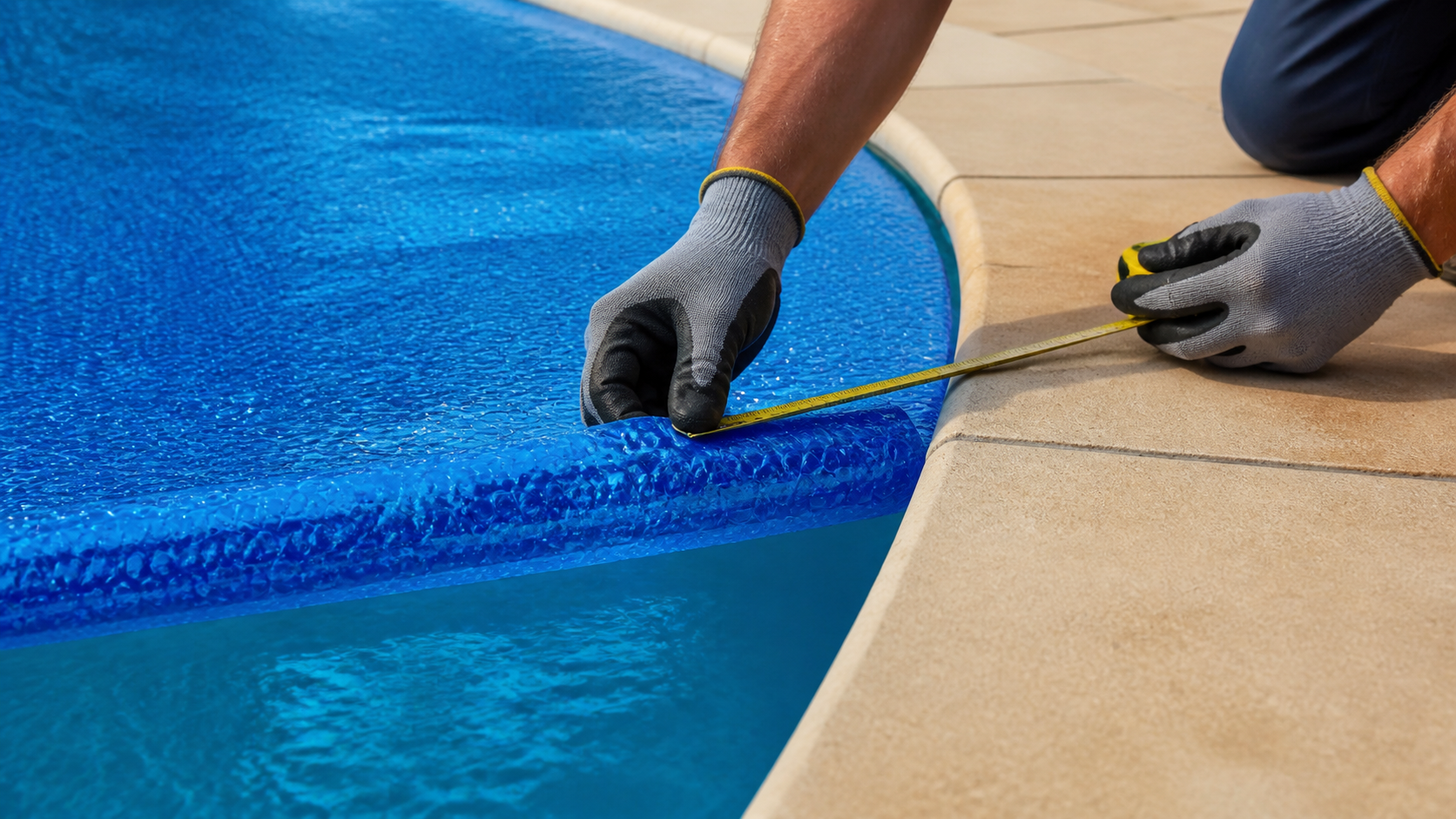 Mãos protegidas medindo com trena a borda curva de uma capa térmica azul de bolhas sobre a piscina