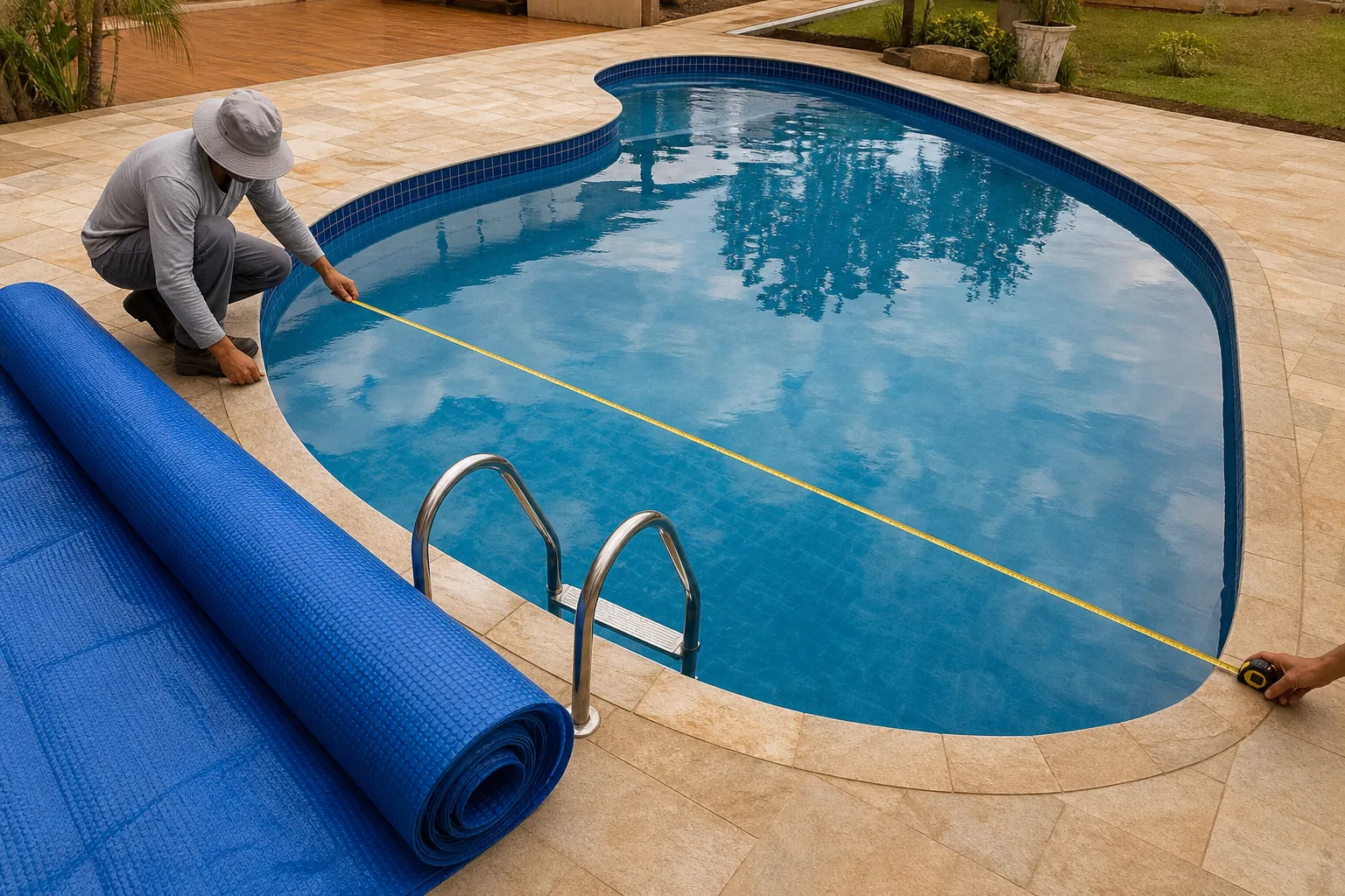 Profissional medindo piscina com trena para dimensionar capa térmica em Nova Veneza
