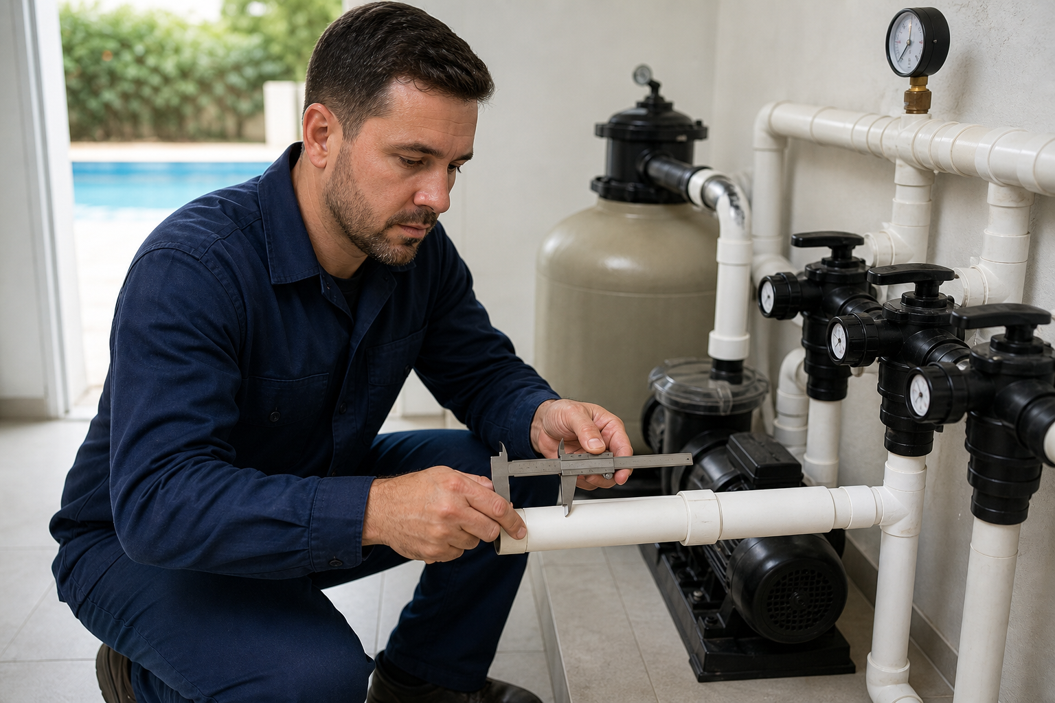Técnico medindo o diâmetro de um tubo de PVC na casa de máquinas da piscina