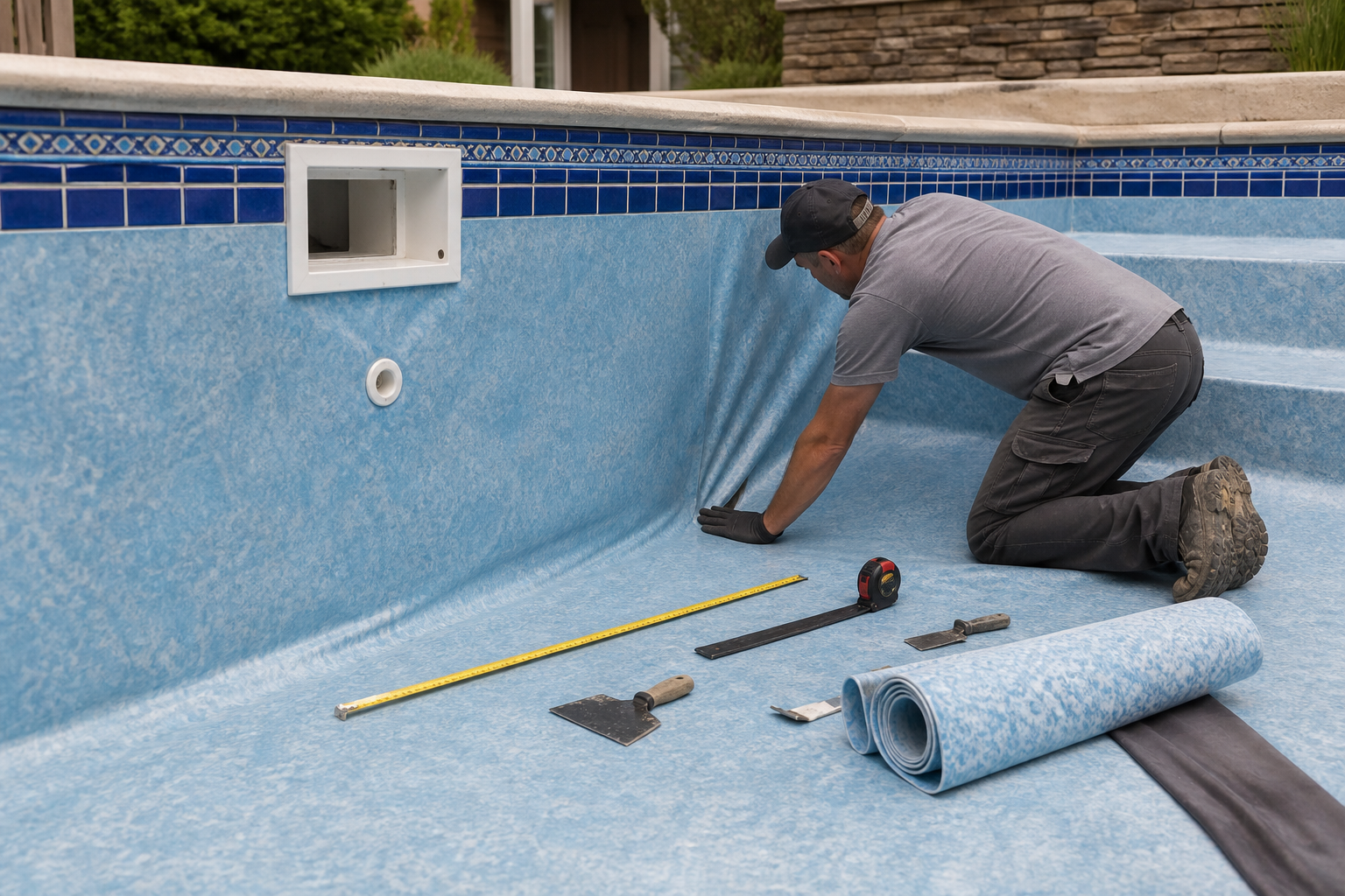 Técnico medindo e acomodando novo vinil azul em piscina vazia com skimmer e ferramentas