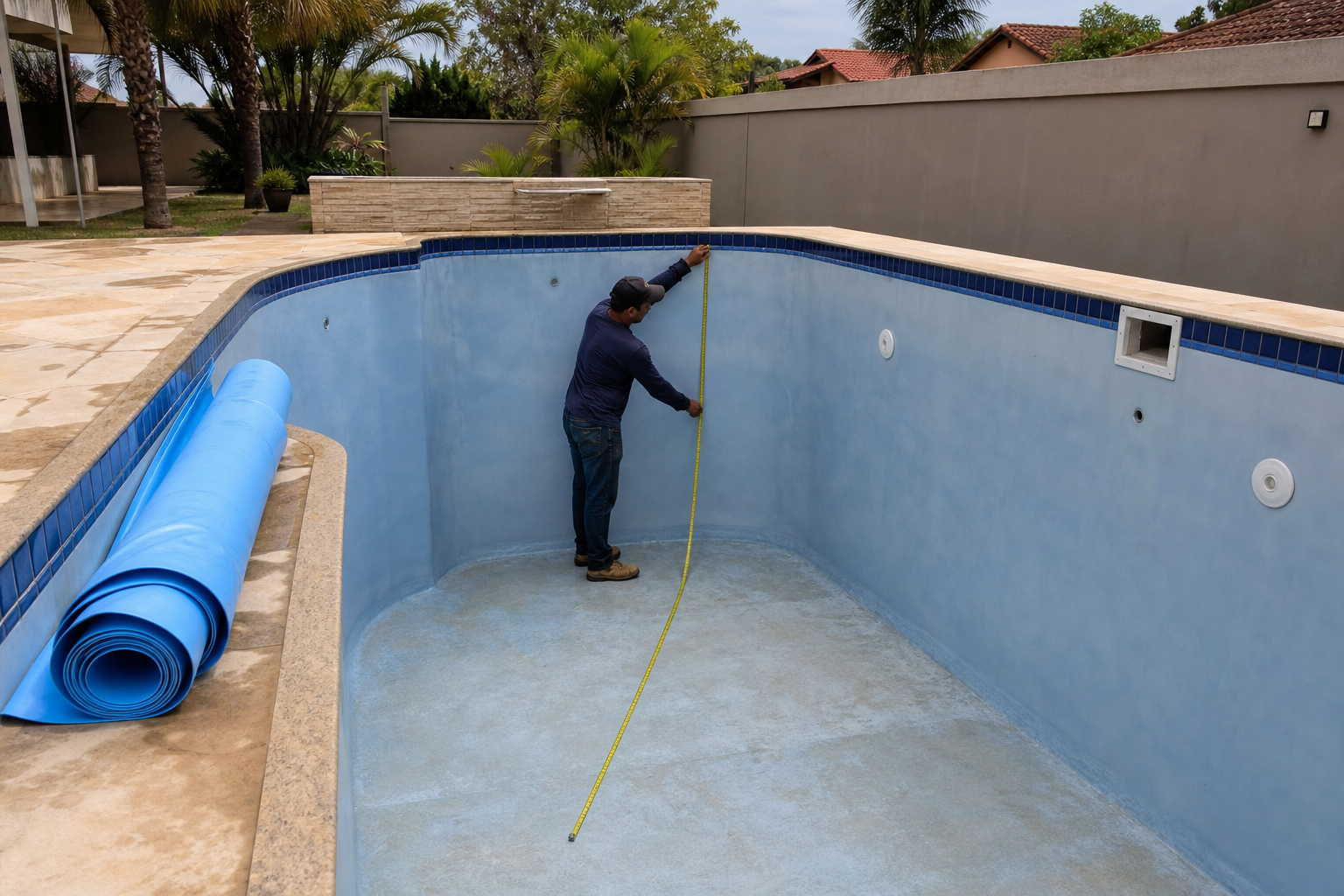 Profissional medindo uma piscina vazia para troca de vinil, com trena, pontos de retorno e rolo de revestimento azul