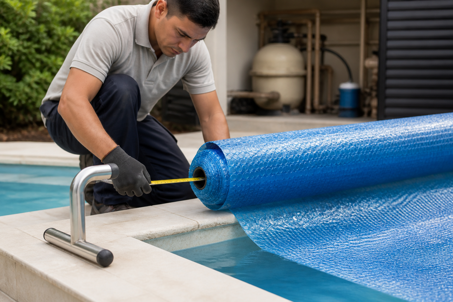 Técnico medindo rolo de capa térmica azul com textura de bolhas na borda da piscina