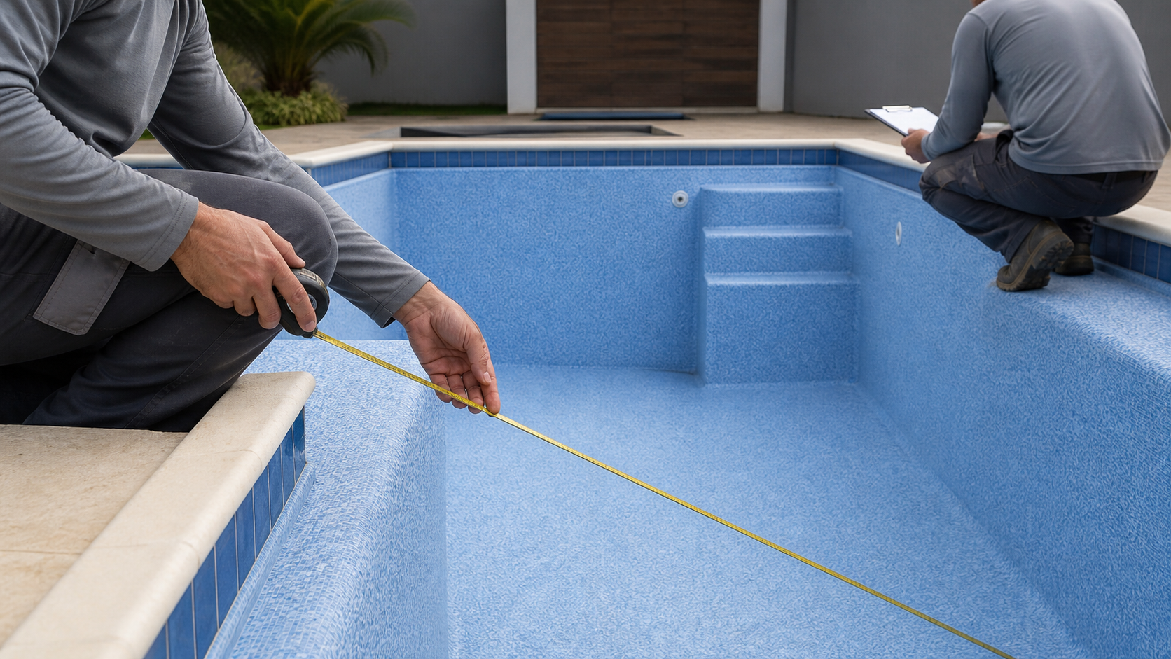 Técnico medindo o interior de uma piscina revestida de vinil antes da troca