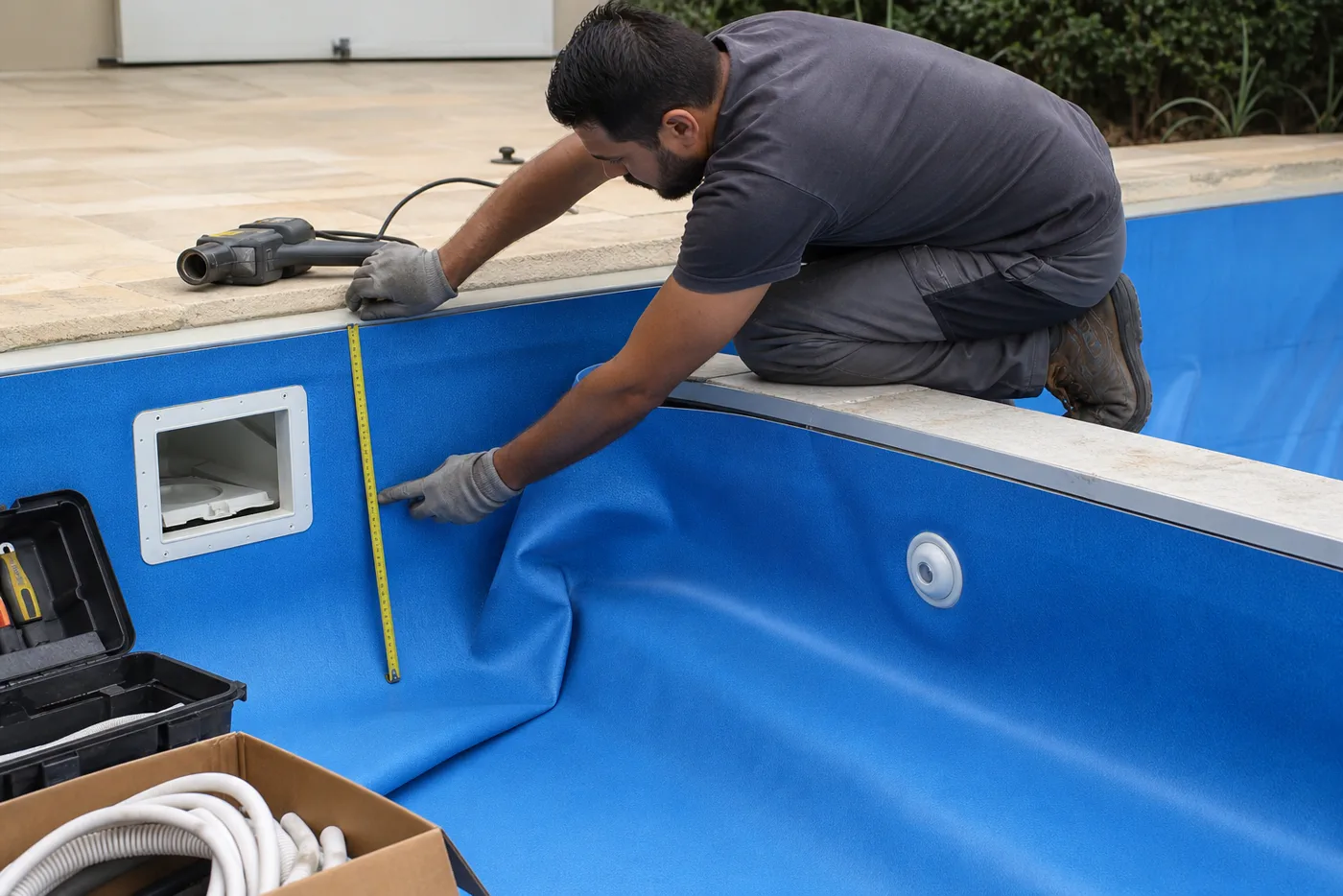 Técnico medindo revestimento vinílico azul, skimmer e retorno antes da troca de vinil no Jardim América Oeste, Goiânia