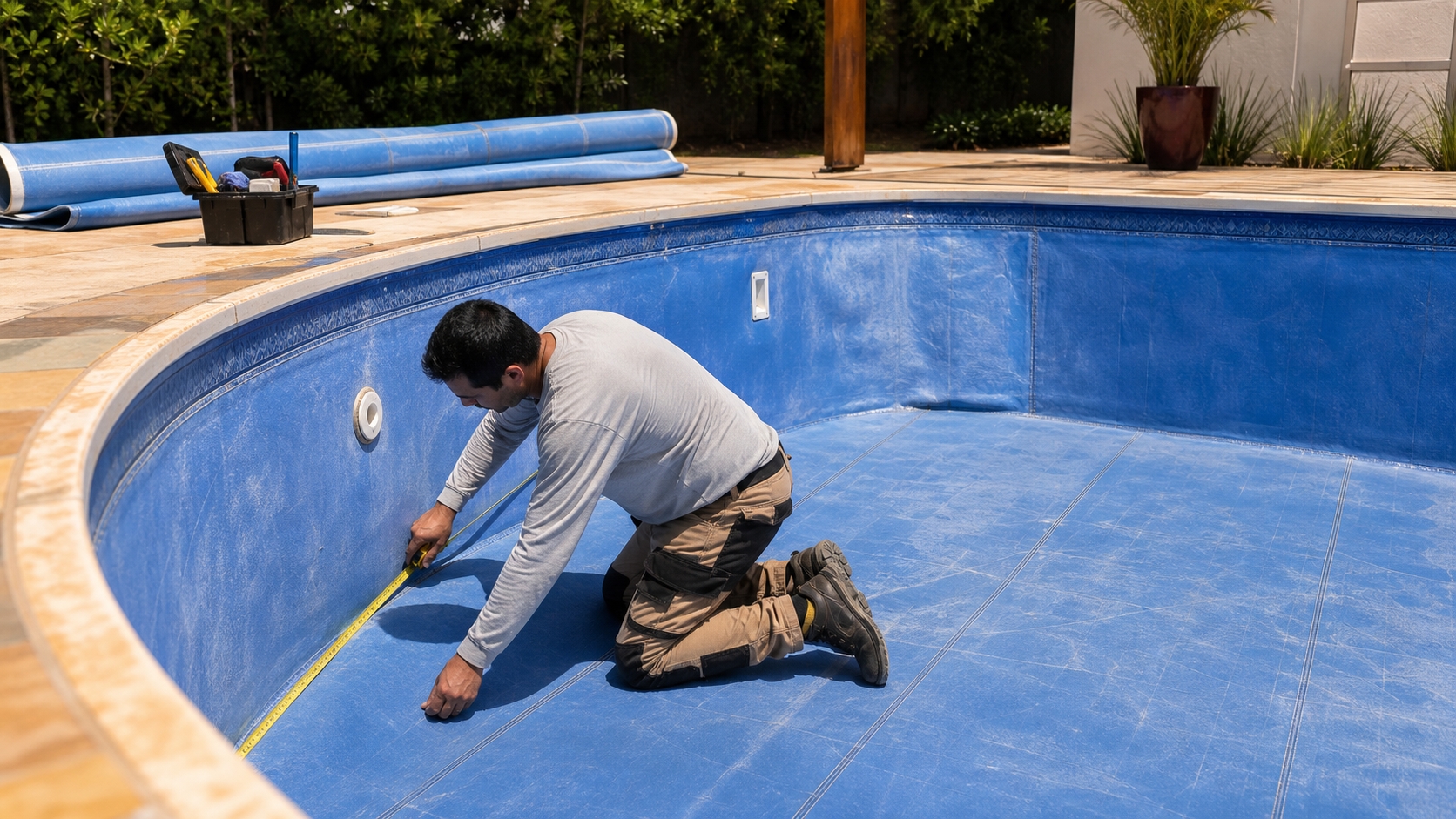 Medição do revestimento de vinil de uma piscina residencial em Paranaiguara antes da troca.