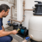 Técnico verificando motobomba de piscina aquecida na casa de máquinas