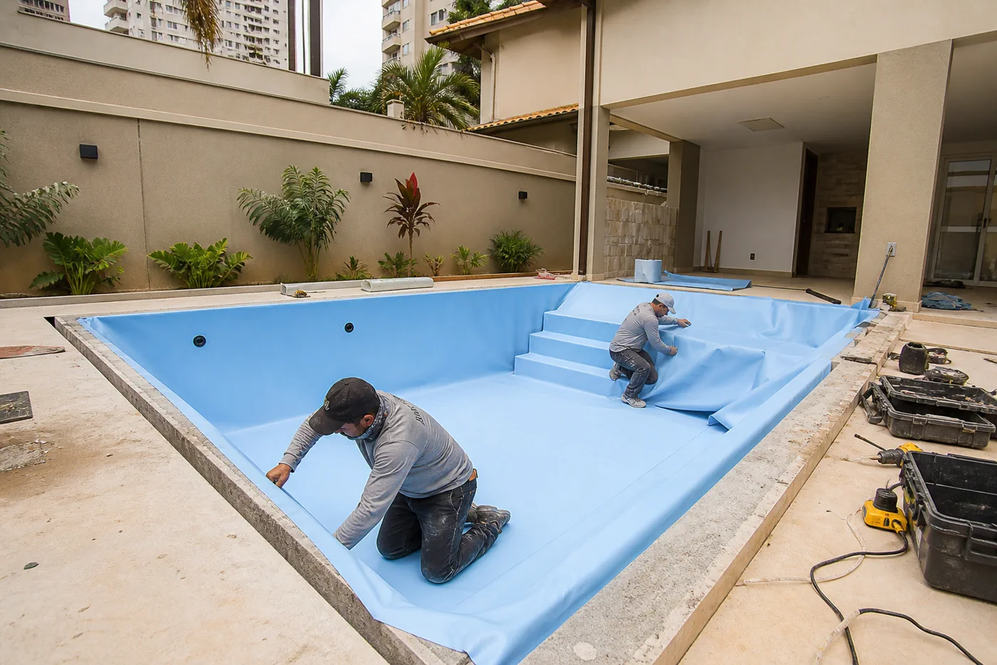 Equipe técnica ajustando o revestimento de vinil em piscina residencial durante a obra no Setor Sudoeste, Goiânia