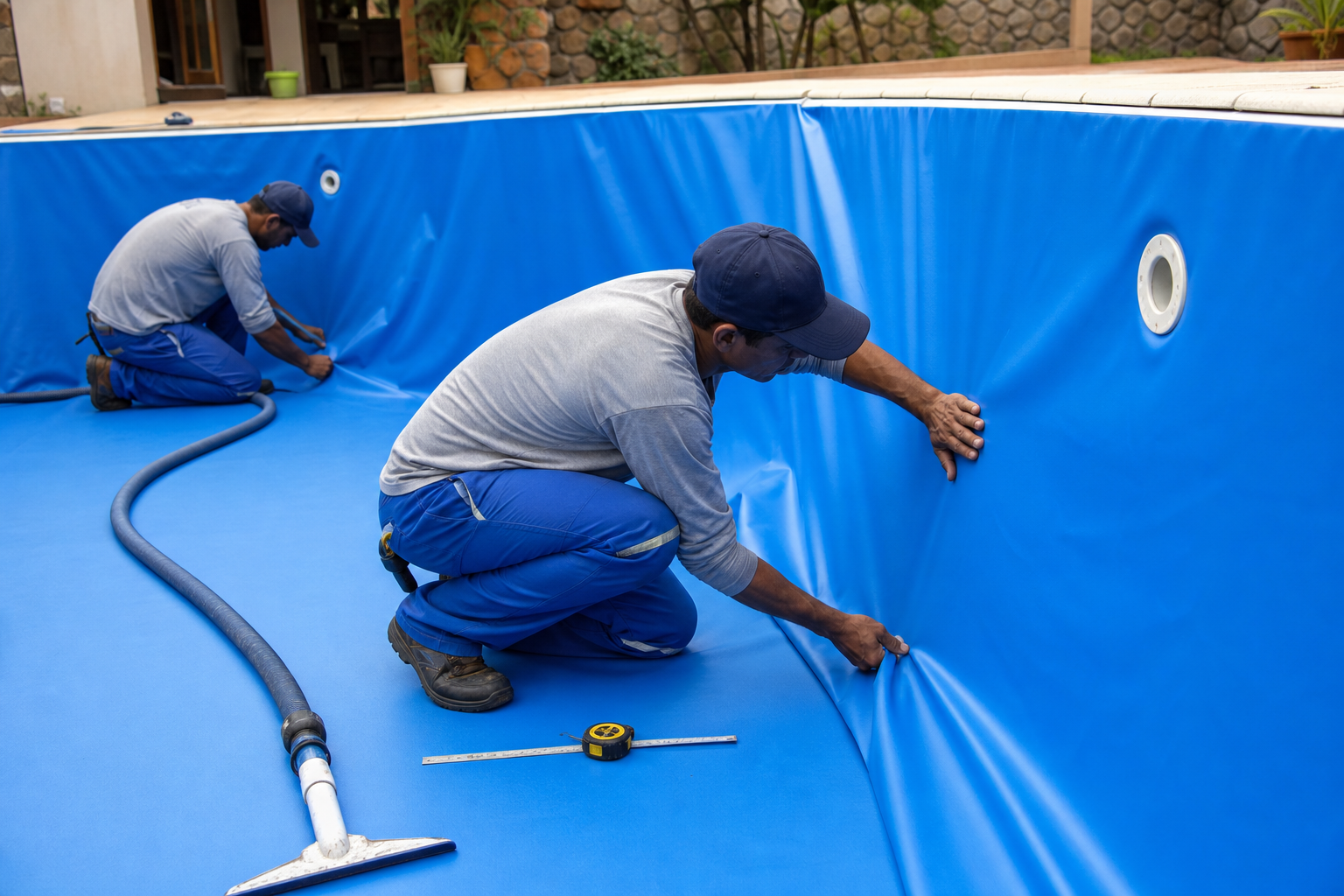 Técnicos ajustando o novo vinil azul durante a troca de revestimento de uma piscina