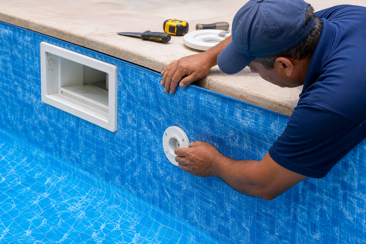 Inspeção do acabamento do vinil junto ao skimmer e aos pontos hidráulicos da piscina