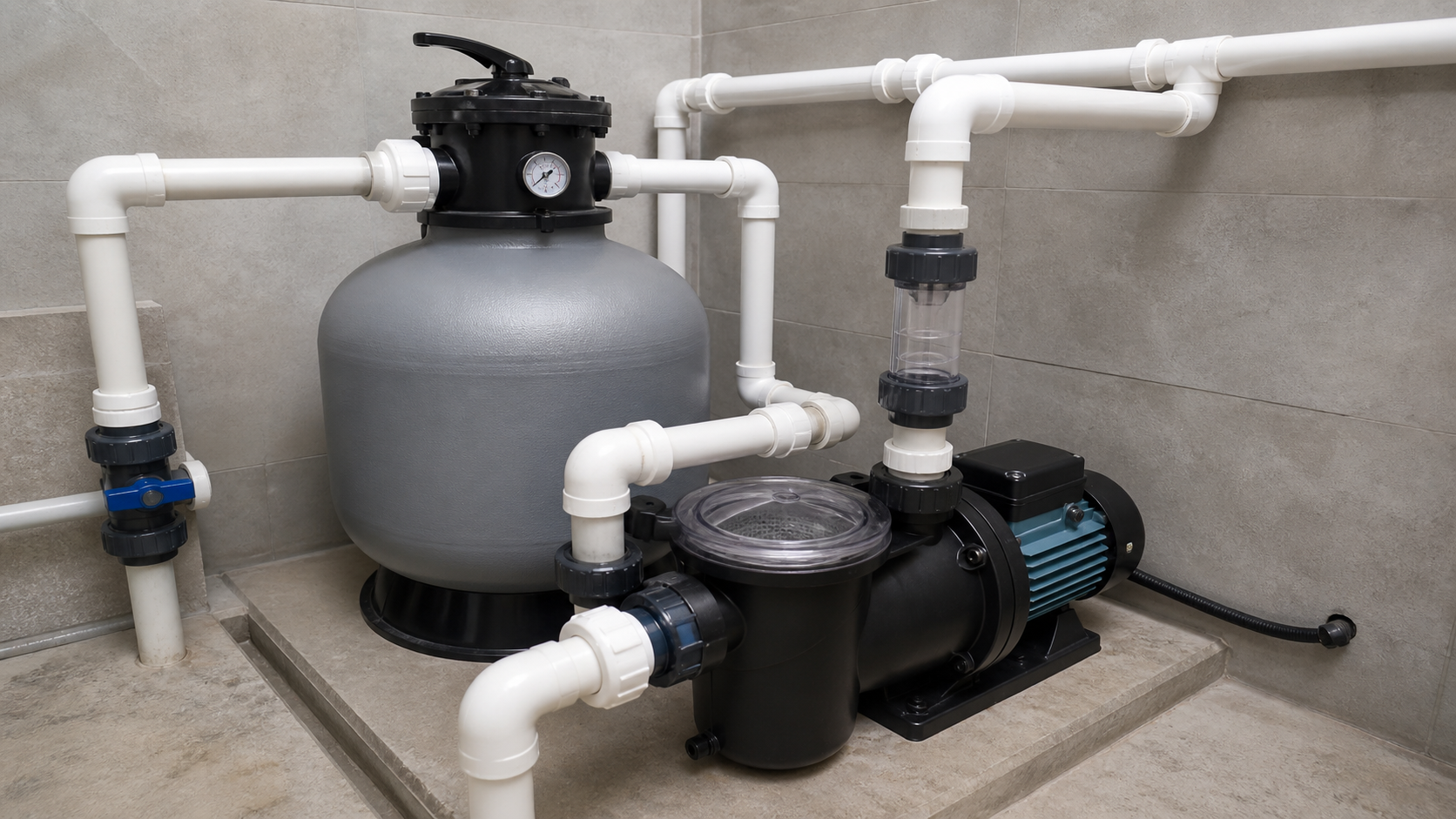 Motobomba, pré-filtro, filtro de areia e tubulações de uma casa de máquinas de piscina