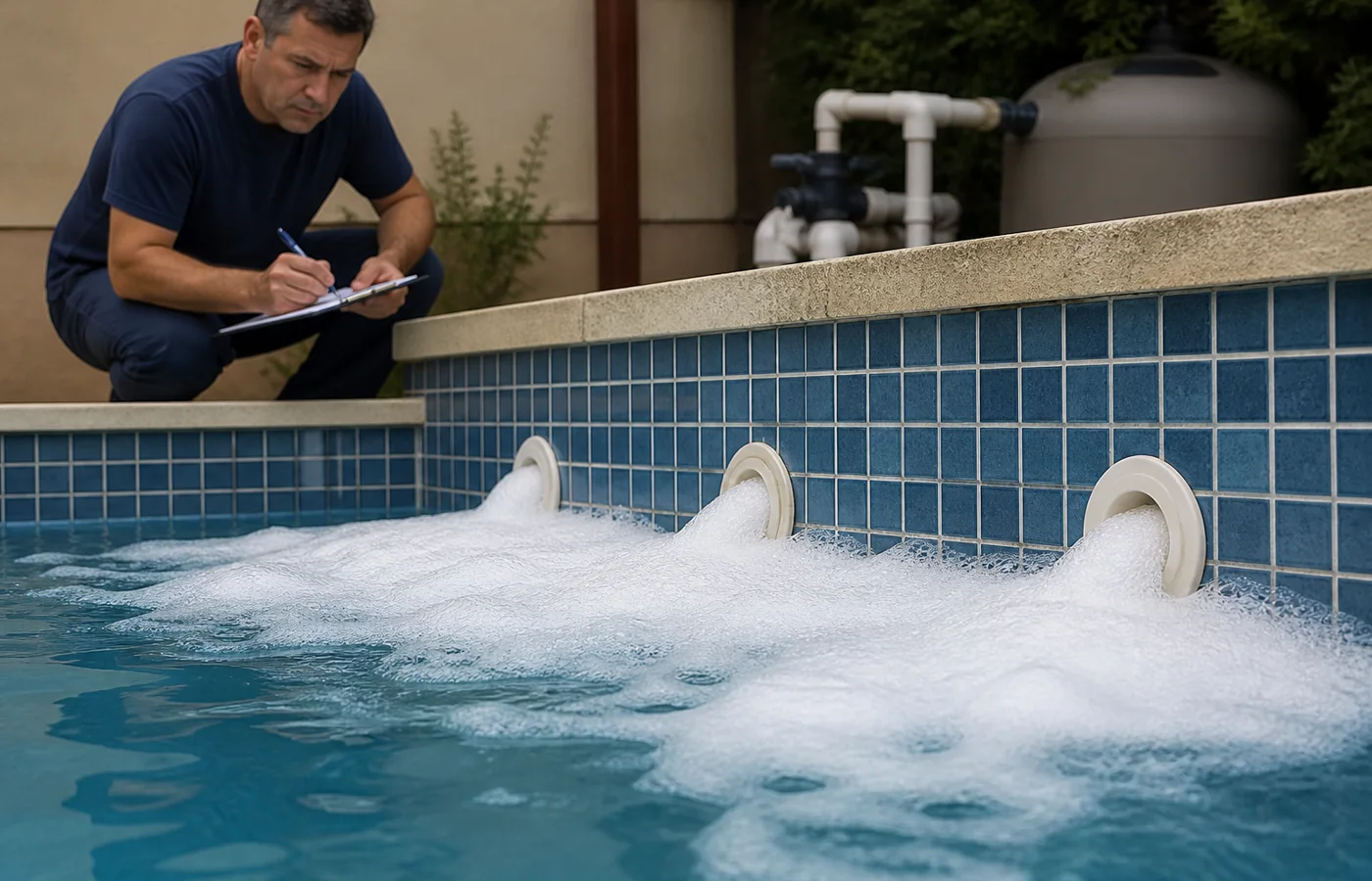 Espuma branca concentrada ao redor dos bocais de retorno de uma piscina enquanto técnico observa