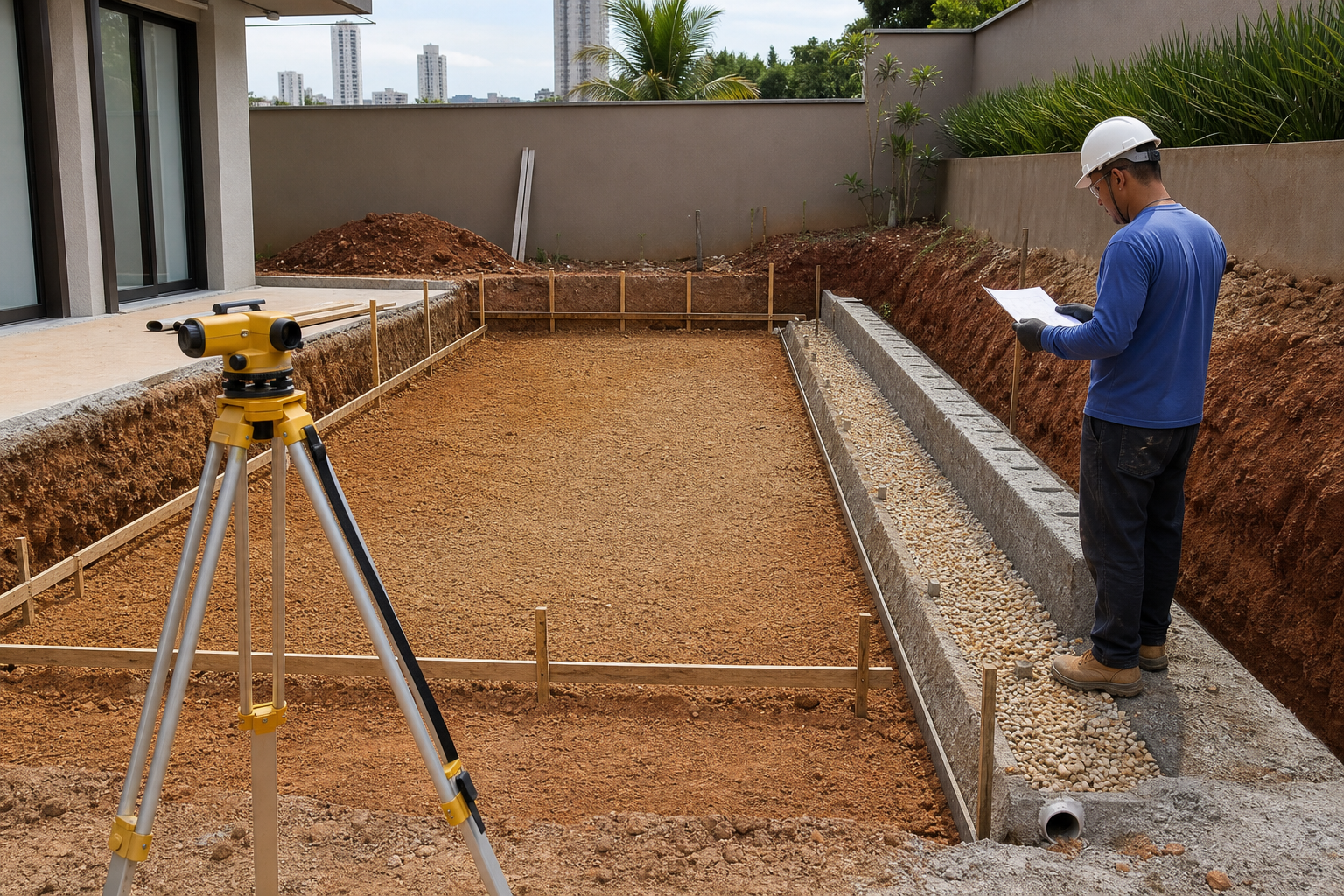 Profissional avaliando drenagem e estrutura em terreno inclinado para piscina