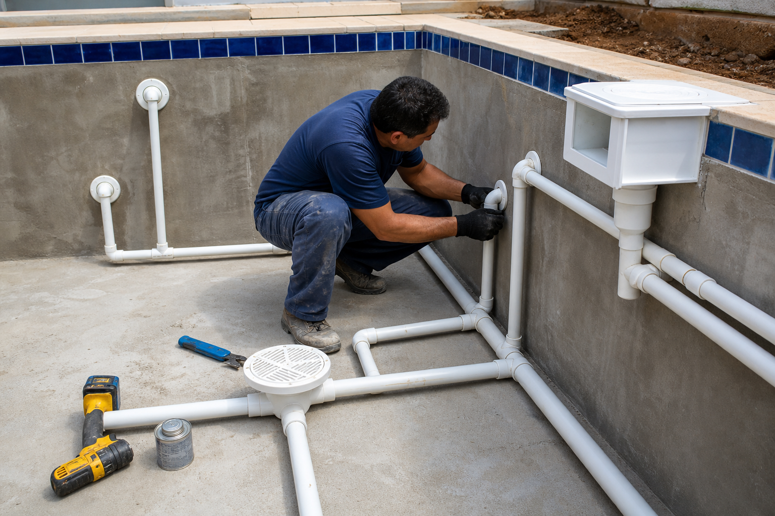 Tubulação de PVC e conexões de piscina verificadas antes do acabamento
